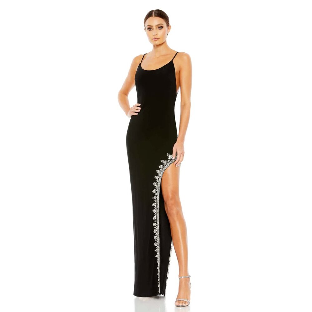 Mac Duggal Rhinestone Encrusted Side Slit Cami Bodycon Gown in Black Size 0